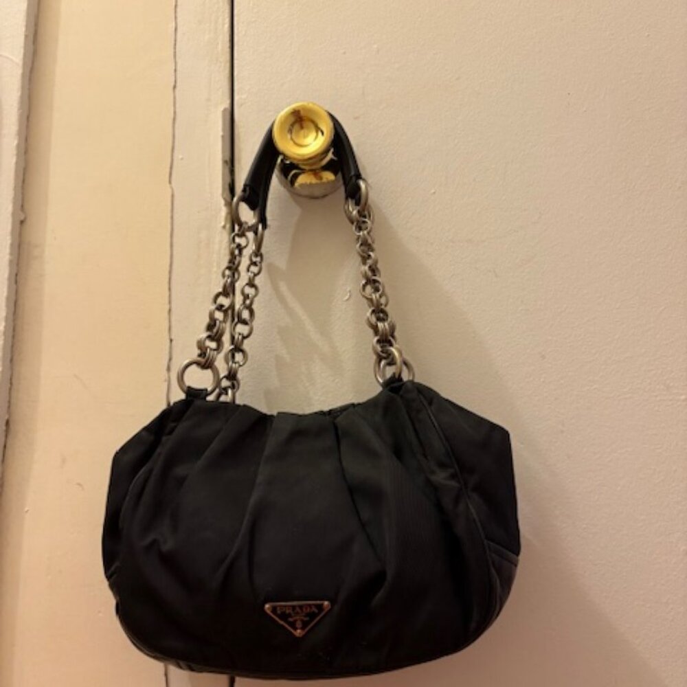 Prada Vintage Black Nylon Tessuto Handbag with Chain Link Strap, Circa 2005